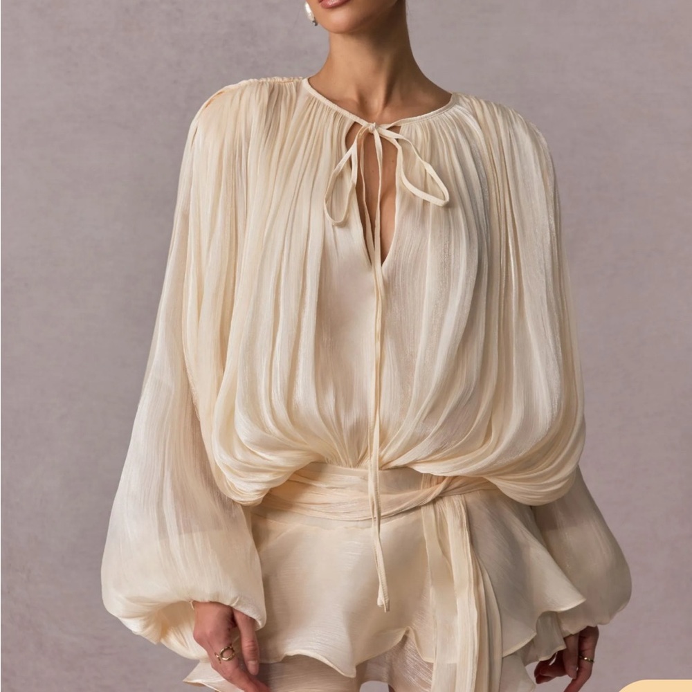 Eugénie Neutral Fully Pleated Ruffled Mini Dress DUPE